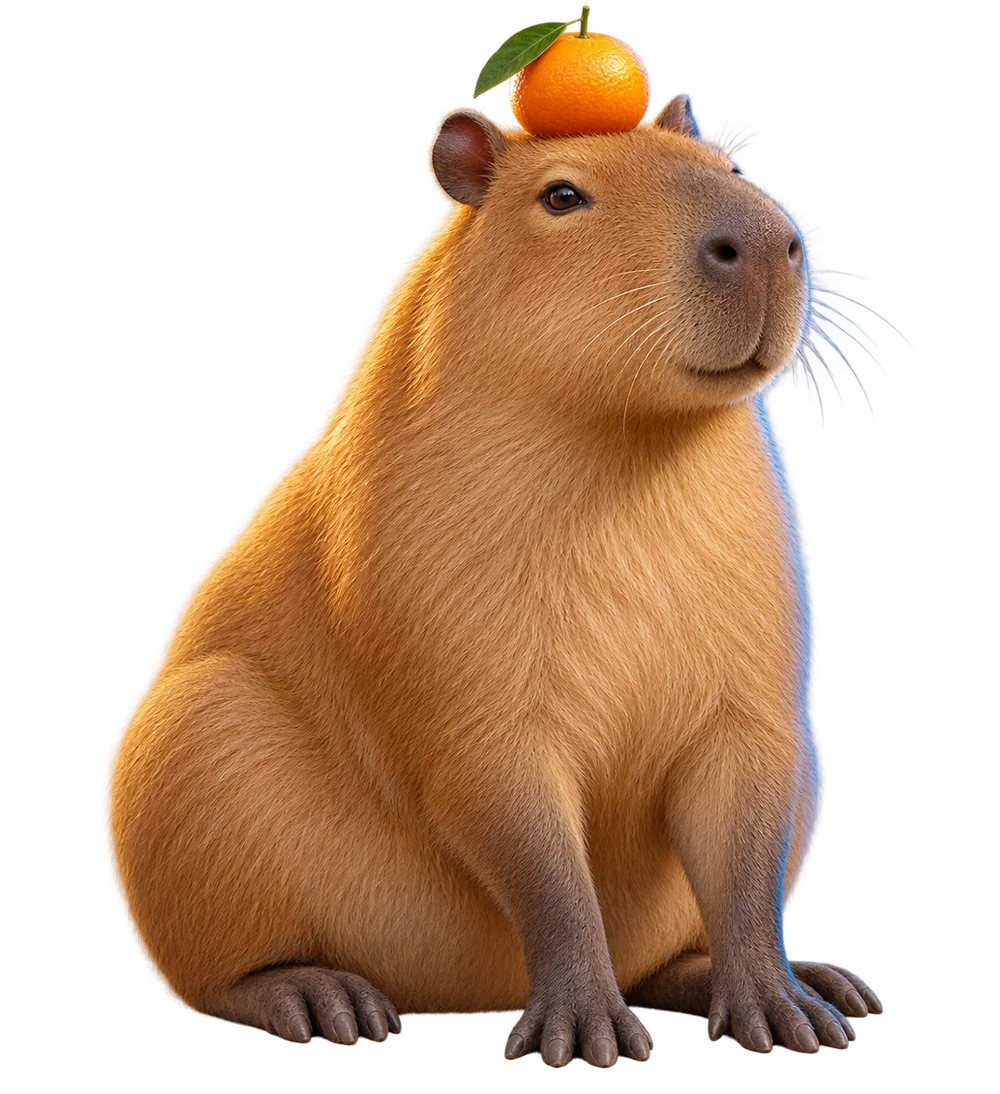 Una capibara tranquila con una naranja en la cabeza