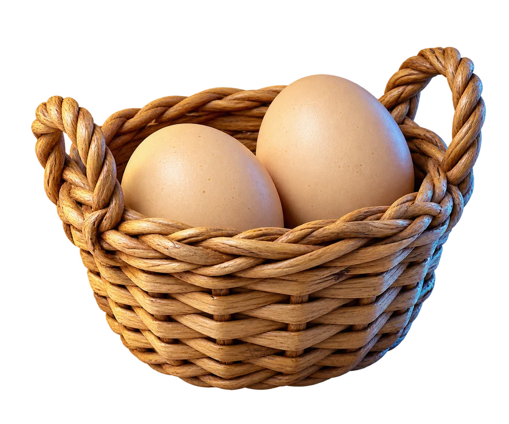 Una cesta de mimbre con dos huevos de gallina